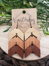 Load image into Gallery viewer, Wood Earrings - Chevron -White Oak - Cherry - Sapele - Statement Earrings - Arrows - Wooden Earrings