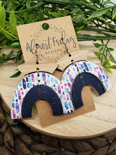 Load image into Gallery viewer, Genuine Leather Earrings - Wood Earrings - Rainbow Earrings - Navy - Watercolor - Splashes - Purple - Blue - Arch Earrings - Umbrella
