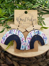 Load image into Gallery viewer, Genuine Leather Earrings - Wood Earrings - Rainbow Earrings - Navy - Watercolor - Splashes - Purple - Blue - Arch Earrings - Umbrella