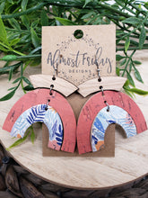 Load image into Gallery viewer, Genuine Leather Earrings - Wood Earrings - Rainbow Earrings - Coral - Tropical Flowers - Floral Earrings - Peach - Arch Earrings - Umbrella