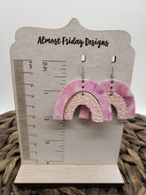 Load image into Gallery viewer, Genuine Leather Earrings - Wood Earrings - Rainbow Earrings - Navy - Purple - Boho - Blue - Arch Earrings - Statement Earrings - Iridescent Pearl - Umbrella