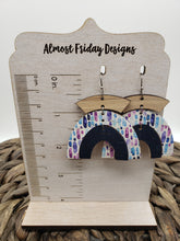 Load image into Gallery viewer, Genuine Leather Earrings - Wood Earrings - Rainbow Earrings - Navy - Watercolor - Splashes - Purple - Blue - Arch Earrings - Umbrella