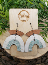 Load image into Gallery viewer, Genuine Leather Earrings - Wood Earrings - Rainbow Earrings - White -Palm - Foliage - Floral Earrings - Blue - Teal - Aqua - Arch Earrings - Umbrella