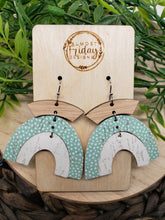 Load image into Gallery viewer, Genuine Leather Earrings - Wood Earrings - Rainbow Earrings - White - Mint - Spotted - Dalmatian - Blue - Teal - Aqua - Arch Earrings - Umbrella