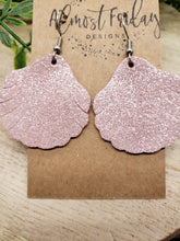 Load image into Gallery viewer, Genuine Leather Earrings - Seashell - Shell Earrings - Pink - Shimmer - Statement Earrings - Fringe - Summer Earrings