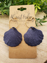 Load image into Gallery viewer, Genuine Leather Earrings - Hoop - Blue - Metallic - Seashell - Shell Earrings - Statement Earrings - Fringe - Summer Earrings