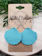 Load image into Gallery viewer, Genuine Leather Earrings - Hoop - Seashell - Shell Earrings - Aqua - Statement Earrings - Fringe - Summer Earrings