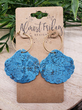 Load image into Gallery viewer, Genuine Leather Earrings - Hoop - Shimmer - Seashell - Shell Earrings - Aqua and Gold - Statement Earrings - Fringe - Summer Earrings