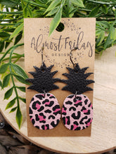 Load image into Gallery viewer, Genuine Leather Earrings - Pineapple Earrings - Leopard - Colorful - Pink and Black - Animal Print - Floral Earrings - Summer Earrings - Statement Earrings