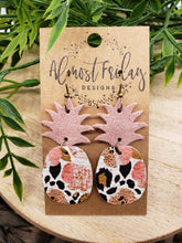 Load image into Gallery viewer, Genuine Leather Earrings - Pineapple - Summer Earrings - Pink - Shimmer Leather - Statement Earrings - Leopard Print - Leopard Earrings - Animal Earrings - Painted Flowers - Pansies