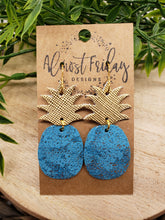 Load image into Gallery viewer, Genuine Leather Earrings - Pineapple Earrings - Gold Shimmer - Colorful - Teal - Gold - Summer Earrings - Statement Earrings