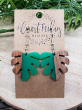 Load image into Gallery viewer, Wood and Resin Earrings - Monstera Leaf - Teal Earrings - Statement Earrings - Leaf Earrings - Summer Earrings