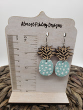 Load image into Gallery viewer, Genuine Leather Earrings - Wood Earrings - Pineapple Earrings - Pink - Green - Blue - Tropical - Flowers - Floral Design - Textured Leather - Summer Earrings - Statement Earrings
