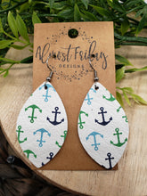 Load image into Gallery viewer, Genuine Leather Earrings - Anchors - Beach - Blue - Green - Summer Earrings - Leaf Cut - Statement Earrings
