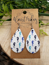 Load image into Gallery viewer, Genuine Leather Earrings - Seahorses - Beach - Blue - Aqua - Summer Earrings - Teardrop - Statement Earrings