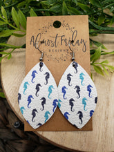 Load image into Gallery viewer, Genuine Leather Earrings - Seahorses - Beach - Blue - Aqua - Summer Earrings - Leaf Cut - Statement Earrings