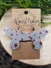 Load image into Gallery viewer, Genuine Leather Earrings - Red - Metallic - Silver Glitter - Patriotic Earrings - Eagle - Bird - 4th of July - Independence Day - USA - Olympics