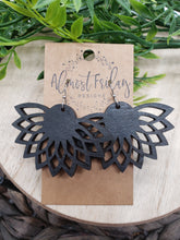 Load image into Gallery viewer, Wood Earrings - Fan - Black - Statement Earrings - Flower - Half Flower - Wooden Earrings