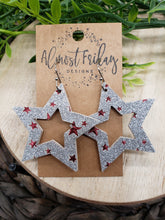 Load image into Gallery viewer, Genuine Leather Earrings - Red - Metallic - Patriotic Earrings - Silver Glitter - Stars - 4th of July - Independence Day - USA - Olympics