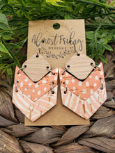 Load image into Gallery viewer, Genuine Leather Earrings - Arrow - Chevron - Coral and White Earrings - Dalmatian Design - Statement Earrings - Wood and Leather Earrings - Spots - Zebra - Peach