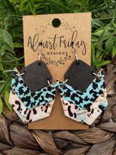 Load image into Gallery viewer, Genuine Leather Earrings - Arrow - Chevron - Teal and Black Earrings - Leopard Design - Statement Earrings - Wood and Leather Earrings - Spots - Animal Print - Pink