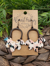 Load image into Gallery viewer, Genuine Leather Earrings - Petal - Scallop - Pink, Teal and White Earrings - Leopard Design - Statement Earrings - Wood and Leather Earrings - Animal Print