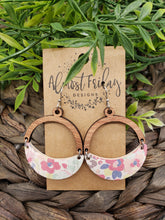 Load image into Gallery viewer, Genuine Leather Earrings - Wood Earrings - Watercolor Flowers - Crescent - Floral - Leopard Print - Pink - Circle Earrings - Statement Earrings - Spring - Flowers