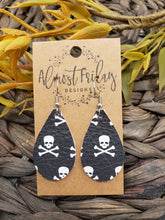 Load image into Gallery viewer, Genuine Leather Earrings - Teardrop - Halloween Earrings - Sugar Skulls - Skull and Bones - Skull - Bones - Statement Earrings
