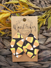 Load image into Gallery viewer, Genuine Leather Earrings - Leaf Cut - Halloween - Candy Corn Earrings - Statement Earrings