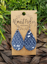 Load image into Gallery viewer, Genuine Leather Earrings - Teardrop Earrings - Snakeskin - Navy Blue - White - Cobra - Statement Earrings