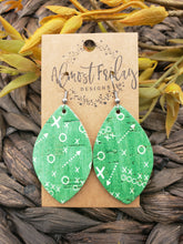 Load image into Gallery viewer, Genuine Leather Earrings - Playbook - Green - White - Leaf Cut - Fall Leather Genuine Leather Earrings - Football Print - Football Earrings - Statement Earrings