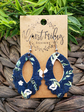 Load image into Gallery viewer, Genuine Leather Earrings - Teardrop - Scallop - Navy Earrings - Pink - Flower Earrings - Floral Print - Statement Earrings
