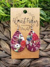 Load image into Gallery viewer, Genuine Leather Earrings - Teardrop - Burgundy - Maroon - Floral Leather - Flowers - Fall Earrings - Statement Earrings