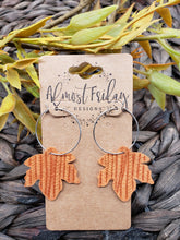Load image into Gallery viewer, Genuine Leather Earrings - Leaf - Statement Earrings - Fall Leaf - Fall Earrings - Maple Leaf - Rust - Textured Leather - Hoop Earrings - Textured Leather