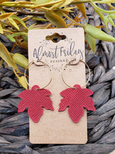 Load image into Gallery viewer, Genuine Leather Earrings - Leaf - Statement Earrings - Fall Leaf - Fall Earrings - Maple Leaf - Red - Textured Leather - Hoop Earrings - Textured Leather