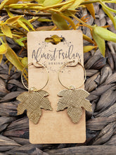 Load image into Gallery viewer, Genuine Leather Earrings - Leaf - Statement Earrings - Fall Leaf - Fall Earrings - Maple Leaf - Gold - Textured Leather - Hoop Earrings - Textured Leather
