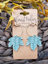 Load image into Gallery viewer, Genuine Leather Earrings - Leaf - Statement Earrings - Braided Leather - Fall Leaf - Fall Earrings - Maple Leaf - Sage - Seafoam - Textured Leather - Hoop Earrings - Textured Leather