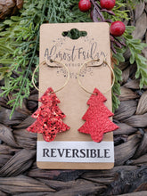 Load image into Gallery viewer, Genuine Leather Earrings - Christmas Tree - Reversible - Statement Earrings - Metallic Leather - Glitter - Red - Textured Leather - Hoop Earrings - Textured Leather