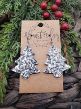 Load image into Gallery viewer, Genuine Leather Earrings - Christmas Tree - Reversible - Statement Earrings - Metallic Leather - Glitter - Silver - Textured Leather - Textured Leather