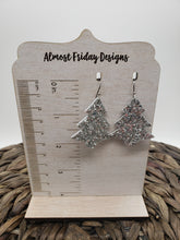 Load image into Gallery viewer, Genuine Leather Earrings - Christmas Tree - Reversible - Statement Earrings - Metallic Leather - Glitter - Silver - Textured Leather - Textured Leather