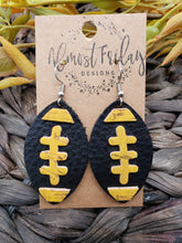 Load image into Gallery viewer, Genuine Leather Earrings - Pittsburgh - Black - Yellow - Leaf Cut - Fall Leather Genuine Leather Earrings - Football Print - Football Earrings - Statement Earrings