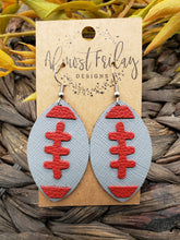 Load image into Gallery viewer, Genuine Leather Earrings - Buccaneers - Ohio State - Red - Gray - Leaf Cut - Fall Leather Genuine Leather Earrings - Football Print - Football Earrings - Statement Earrings