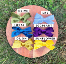 Load image into Gallery viewer, Hand Tied Hair Bows - Velvet Bows - White - Royal - Olive - Eggplant - Sunflower - Dijon -Fall Colors - Hair Accessory - Alligator Clip - 4 Inch