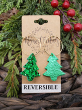 Load image into Gallery viewer, Genuine Leather Earrings - Christmas Tree - Reversible - Statement Earrings - Metallic Leather - Glitter - Green - Textured Leather - Hoop Earrings - Textured Leather