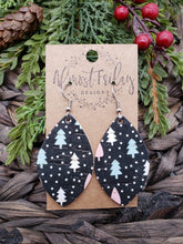 Load image into Gallery viewer, Genuine Leather Earrings - Christmas Trees - Christmas Earrings - Winter - Leaf Cut - Statement Earrings - Navy - Pink - Blue - Holiday Earrings