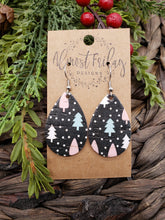 Load image into Gallery viewer, Genuine Leather Earrings - Christmas Trees - Christmas Earrings - Winter - Teardrop - Statement Earrings - Navy - Pink - Blue - Holiday Earrings