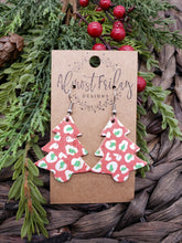 Load image into Gallery viewer, Genuine Leather Earrings - Christmas Tree - Leopard Print - Green - Red - White - Leopard Earrings - Animal Earrings - Christmas Leopard - Christmas Earrings