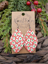 Load image into Gallery viewer, Genuine Leather Earrings - Leaf Cut - Leopard Print - Green - Red - White - Leopard Earrings - Animal Earrings - Christmas Leopard - Christmas Earrings