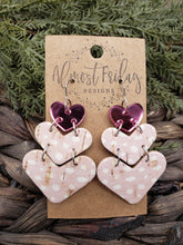 Load image into Gallery viewer, Genuine Leather Earrings - Hearts - Pink and White - Metallic Heart - Acrylic Heart - Dalmatian Print - Cork - Textured - Valentine's Day - Textured Leather - Heart Earrings