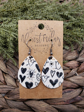 Load image into Gallery viewer, Genuine Leather Earrings - Valentine's Day Earrings - Teardrop - Winter - Cut Out Earrings - Black and White - Hearts - Statement Earrings